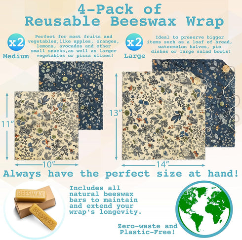 4-Pack Reusable Beeswax Wraps with Produce Bag & 2 Beeswax Bars