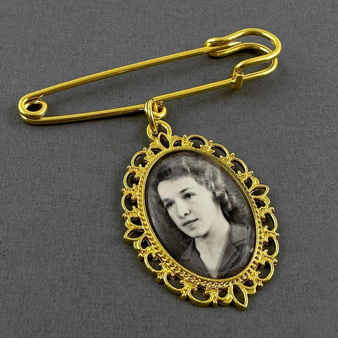 Gold Wedding Bouquet Photo Charm Pin - For Bridal Bouquet or Boutonniere Memorial for Mother Father of The Bride or