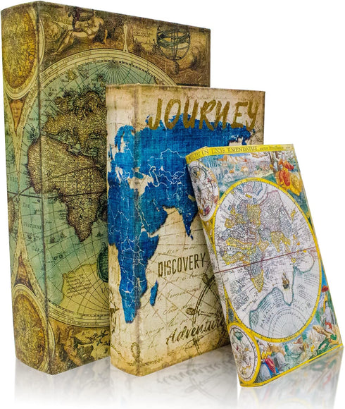 Decorative Book Box Set of 3, Faux Antique Trinket Keepsake Storage Box with Ancient World Map Pattern, Graduation Gift