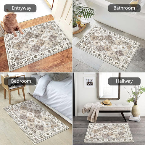 HEBE Washable Area Rug 2'x3', Non Slip Soft Distressed Medallion Bedroom Rug for Boho Living Room, Vintage Entryway