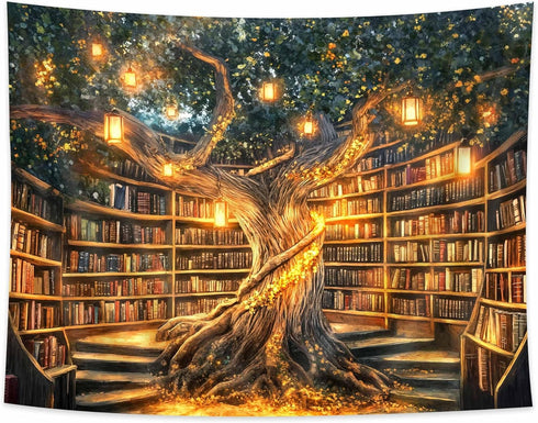 Xguatan 60X40IN Fantasy Library Tapestry, Mysterious Forest Tree Magic Bookshelf Aesthetic Tapestries , Witchy