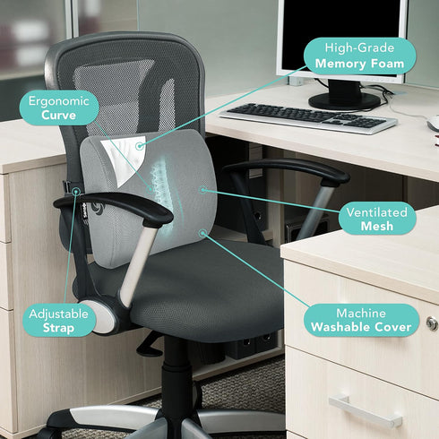 SAMSONITE Lumbar Support Pillow for Office Chair and Car Seat, Memory Foam, Gray