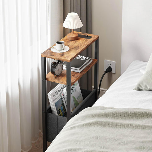 3 LET503RE Narrow Side Table with Charging Station Slim End Table Sofa with Magazine Rack, Bedside Table for Small