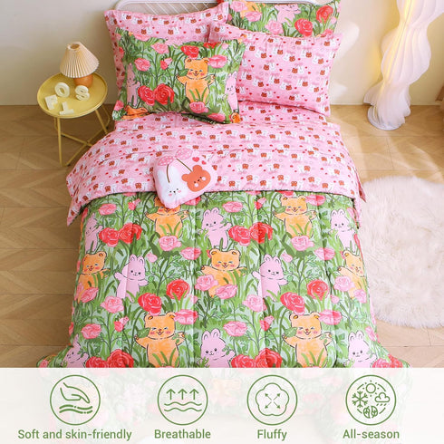 Sets 6 Set Set Mooreeke Twin Size Comforter for Girls Kids, Pieces Bed in a Bag Garden Cute Rabbit Floral Bedding
