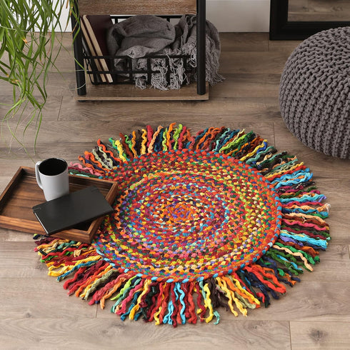 DII Chindi Home Collection Handwoven Multicolor Area Rag Rug, 3' Round with Fringe, Multi-Color