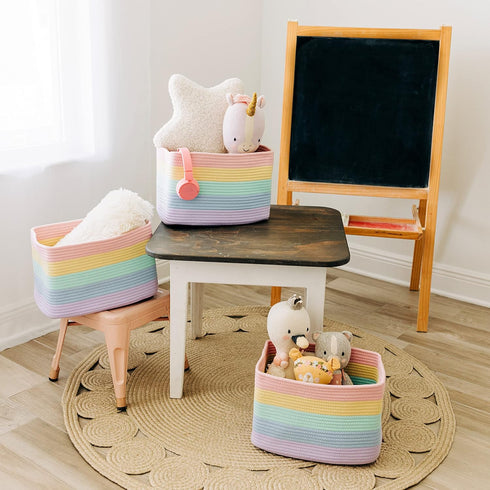 Set 3 15x9x10 OrganiHaus of Pastel Rainbow Baskets - Colorful Woven Storage Baskets for Playroom, Nursery & Classroom