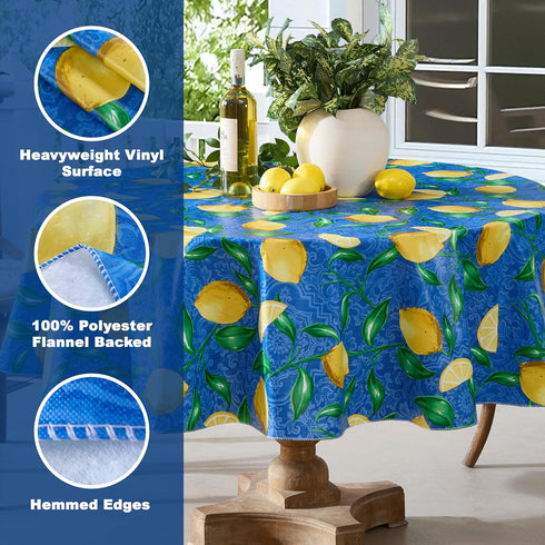 Newbridge Round Vinyl Tablecloth, 70 Inch, Mediterranean Zest Vinyl Flannel Backed Table Cloth with Lemon Print