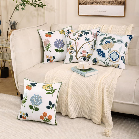 Embroidered Decorative Throw Pillow Covers, 18x18 Inch Pack of 2, Farmhouse Spring Tree Flower Pillowcase