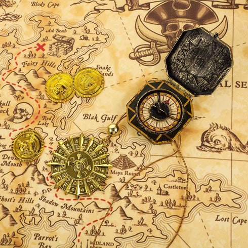 Gejoy Halloween Pirate Treasure Map, Vintage Gold Secret Sea Historical Theme Party Accessory with Compass Necklace and