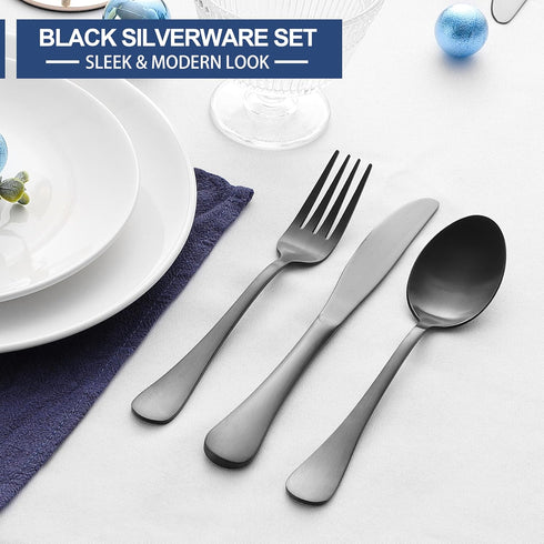 E-far 24-Piece Black Silverware Set - Stainless Steel Flatware Cutlery Set for 4, Matte Black Eating Utensils