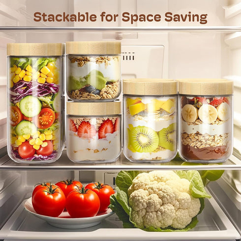 4 Pack 10oz Overnight Oats Containers with Bamboo Lids, Glass Jars with Airtight Lids for Meal Prep, Wide Mouth Mason