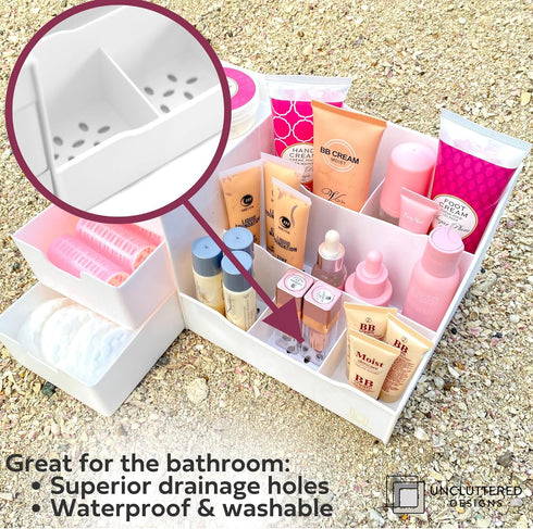 Uncluttered Designs Large Makeup Organizer for Vanity - Countertop Desk with Drawers for Cosmetic, White