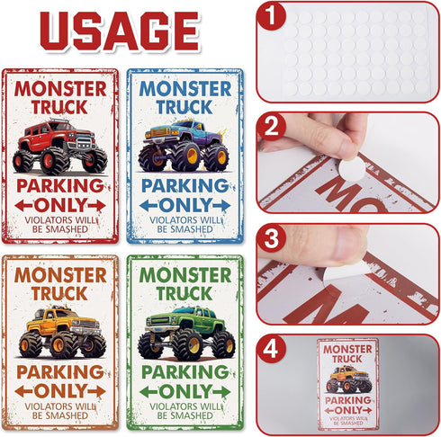 4 Pcs Monster Truck Parking Only Wall Decor for Boys, Monster Jam Only Violators Will Be Smashed Wall Room Door Signs