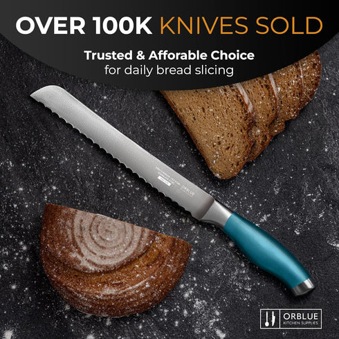 Orblue Serrated Bread Knife, Ultra-Sharp Stainless Steel Professional Grade Cutter - 8-Inch Blade with 5-Inch Handle,