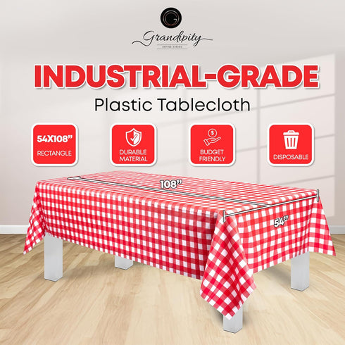 Grandipity 12 Pack Premium Disposable Plastic Picnic Tablecloth - 54" x 108" Red Checkered Gingham Table Cover