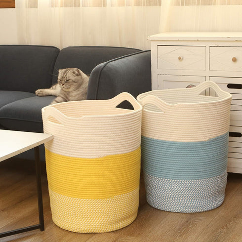 Sea Team Large Cotton Rope Woven Storage Basket with Handles, 20 x 14 inches, Round Design, White & Mottled Blue
