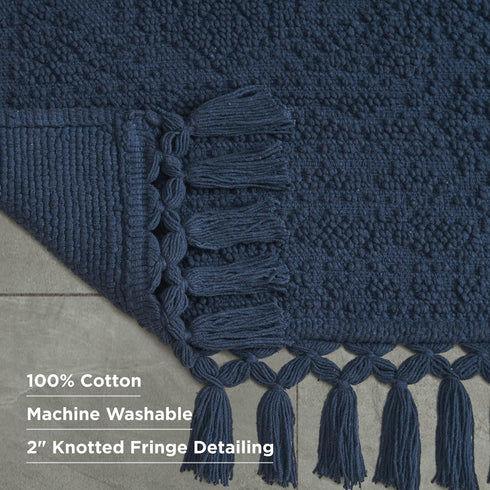 French Connection Nellore Bathroom Rugs, Woven and Beaded, 17" x 28", Navy, Durable Bath Mats