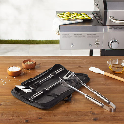 4-Piece Set Amazon Basics Stainless Steel BBQ Grilling Tool with Carry Bag, Rust-Resistant, Dishwasher Safe