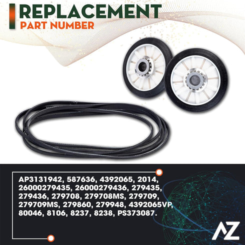 Dryer Repair Kit with Drum Rollers, Belt, Idler Pulley for Maytag MEDC300BW0, MEDC200XW3, and More