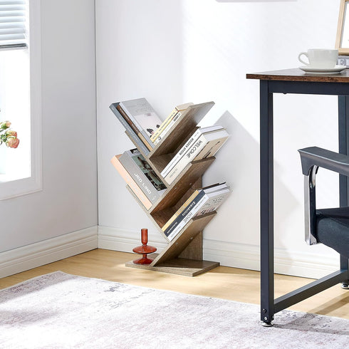 Hoctieon 4 Tier Tree Bookshelf, Modern Free Standing Bookcase, Utility Organizer Shelves for Home Office, Greige