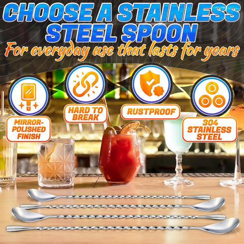 4 Pcs Bar Spoon Cocktail Stirrers, 12'' Long Stainless Steel Spoons for Stirring, Easy to Clean, Professional & Home Use