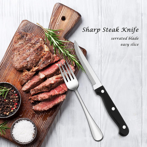 E-far 24-Piece Silverware Set with Steak Knives, Stainless Steel Flatware Cutlery for 4, Spoons, Forks, Knives, Simple