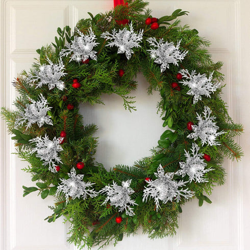 Gejoy 8 Pcs Christmas Tree Picks with Glitter, Faux Flower, Artificial Leaves, 7.8 Inch, Silver for Holiday Decor