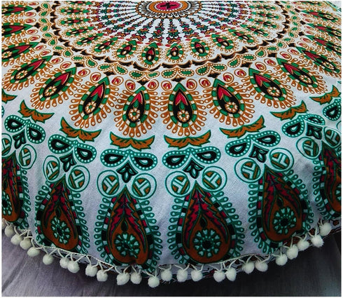 32" Large Pink Manadala Round Pillow Cover, Decorative Mandala Pillow Sham, Indian Bohemian Ottoman Poufs, Pom Pom