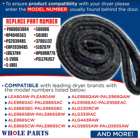 Whole Parts Dryer Drum Felt Seal Part # WP37001132, Replacement for Admiral, Amana, Kenmore, Maytag