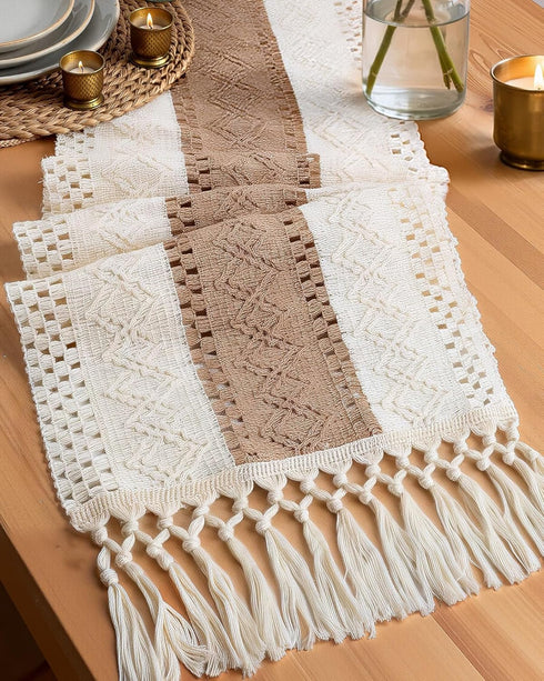 Pureegg Farmhouse Boho Table Runner - 36 Inches, Linen-Textured Woven Tassel Design
