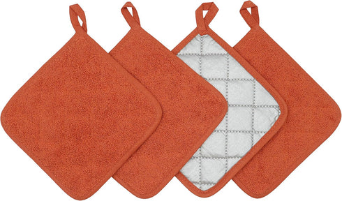 Cotton Pot Holders, Machine Washable Heat Resistant Everyday Kitchen Basic Terry Pot Holder Set of 4 (Orange)