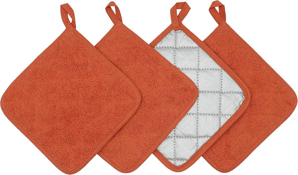 Cotton Pot Holders, Machine Washable Heat Resistant Everyday Kitchen Basic Terry Pot Holder Set of 4 (Orange)