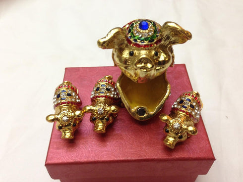 Gorgeous Jewelled Trinket Box - Mother and Three Babies Pig Piggy Piglet with Inlaid Crystal