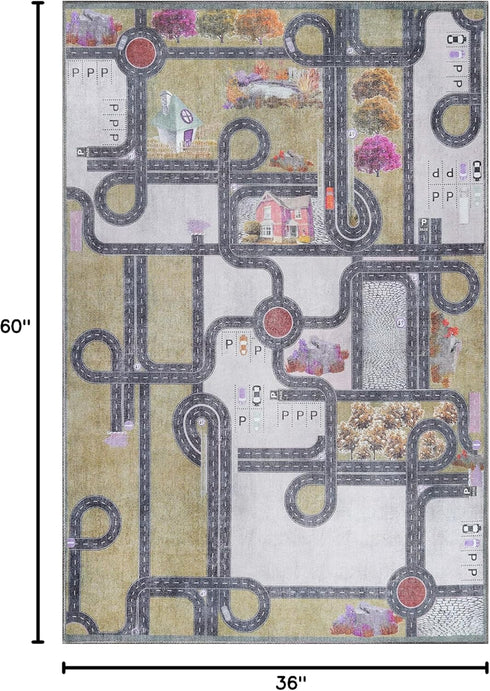Country 3' 5' Superior Indoor Kids Rug, Washable, Non-Slip, Multi Color Playmat, Perfect for High Traffic Playroom