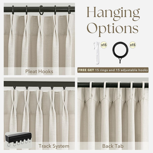 63 Inch 2 Set Pinch 63 Linen Curtains Panel for Living Room Natural Beige Pleat Curtain Memory Trained with Hook