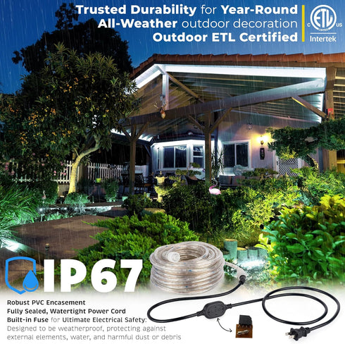 WYZworks 216LEDs 20ft LED Outside Rope Lights, Outdoor ETL Certified Waterproof Flexible Tube, Cool White