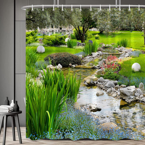 70x70 in Garden Landscape Shower Curtain Spring Summer Nature Plants Multicolour Flower Greenery Country Landscape Rustic Flower Bathroom Decor Polyester Waterproof with Hooks by RDRUVA