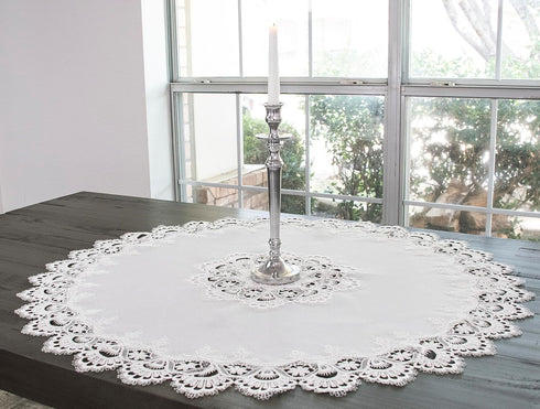 Linens, Art and Things European White Lace on Ivory Table Topper, Small Tablecloth, 33 Inch Round