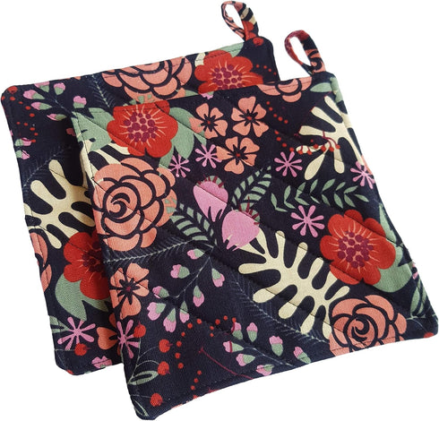 CUSHYSTORE Canvas Pot Holder Oven Pads, Navy Blue Potholders for Cooking Kitchen, 7.75", 2 Pack (Exotic Flower)