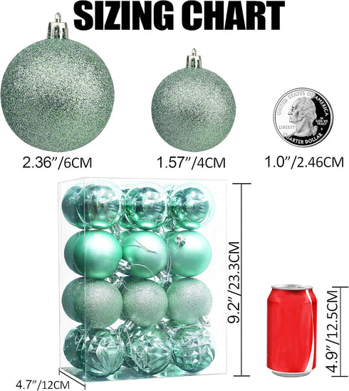 Lulu Home Christmas Ball Ornaments, 24 Ct 2.36" Pre-Strung Hanging Decorations, Shatterproof Plastic Balls (Light Green)