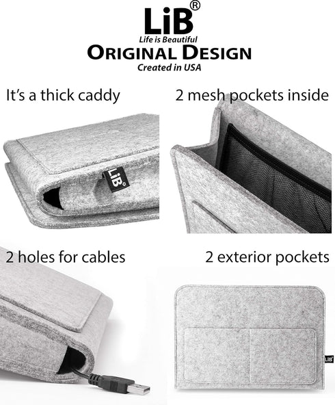 Lib Bedside Caddy, Original Design | Large Size 9.5" x 13.5" | Night Hanging Storage Organizer, Light Gray