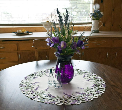 Linens, Art and Things Embroidered Purple Lavender Lilac on Ivory Large Doily, 24 Inch Round