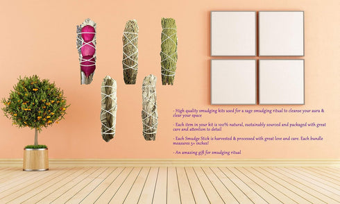 Smudge Sticks Sampler - 1 White Sage with Lavender & Rose, 1 Rosemary, 1 Cedar, 1 Sweetgrass, 1 Black Sage