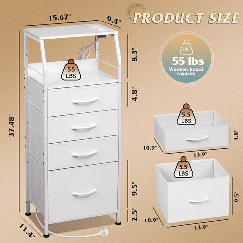 4 37.48" WLIVE Night Stand with Charger Station, White Nightstand with LED Light and Storage Drawers, Tall Dresser