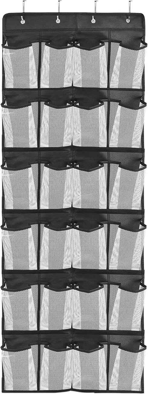 Over the Door Hanging Shoe Organizer with 24 Large Mesh Pockets - Black Shoes Holder