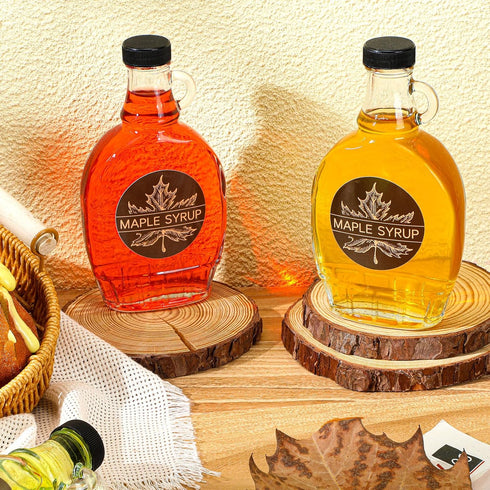 12 12 oz FoldTier Pcs Glass Maple Syrup Bottles Clear Reusable Glass Bottles with Lids Loop Handle and Maple Syrup