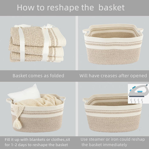 Large Rectangle Blankets Basket, 22"x17"x12" Woven Cotton Rope Storage Basket for Nursery Toy Basket, White Brown