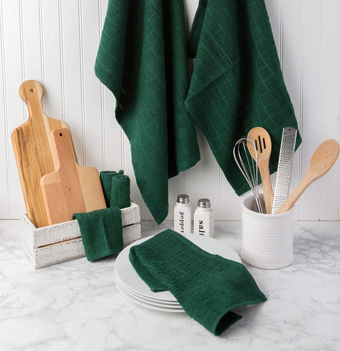 DII Basic Terry Collection Windowpane Dishtowel Set, 16x26, Dark Green, 4 Piece