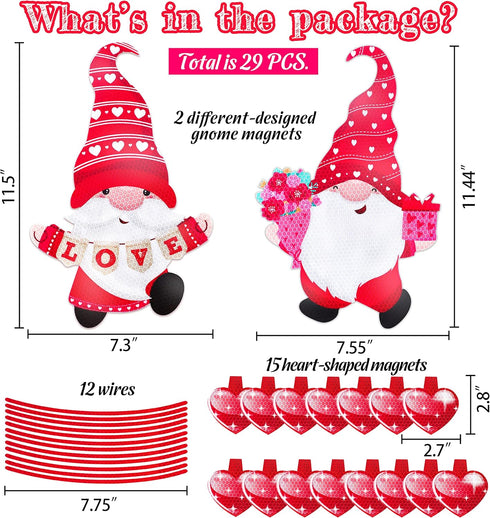 29PCS Valentines Day Car Refrigerator Decorations - Reflective Valentine Gnome Heart Magnets Decor Party Ornaments