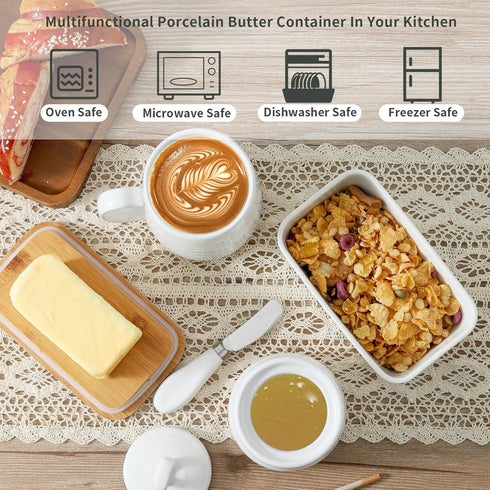 Large Ceramic Butter Dish with Lid, Airtight Cover for Countertop or Refrigerator, White Embossed Pattern
